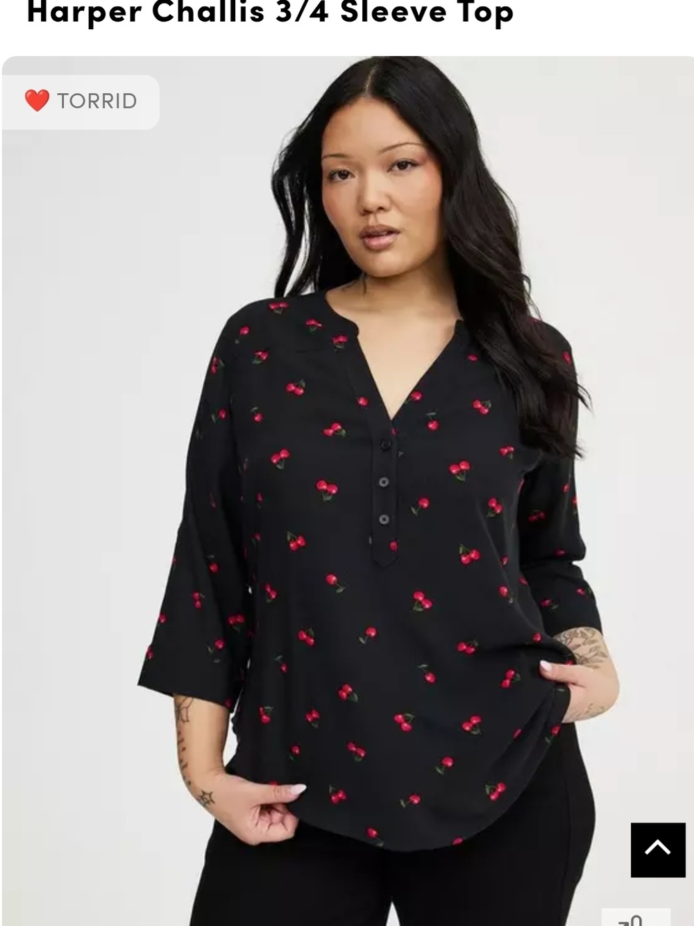 torrid Black Cherry-Print Split V 3/4 Sleeve Blouse
